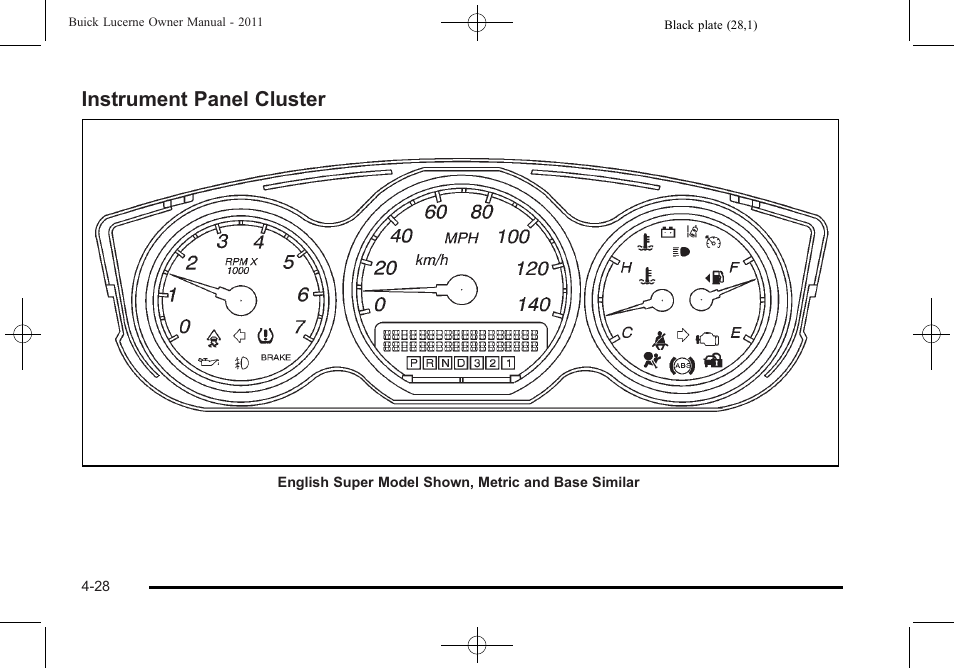 Instrument panel cluster, Instrument panel cluster -28 | Buick 2011 Lucerne User Manual | Page 184 / 450