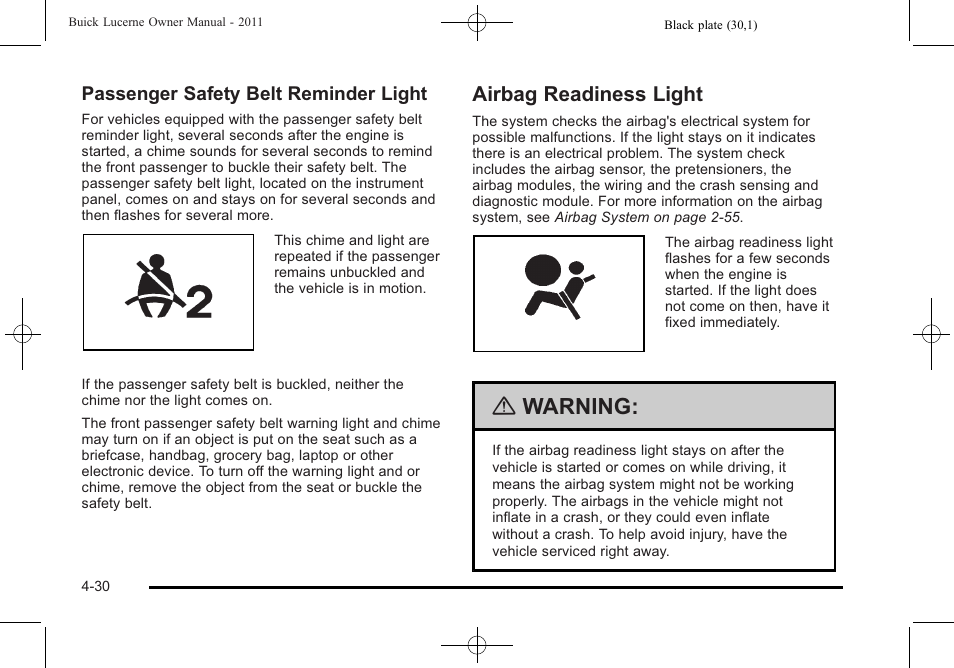 Airbag readiness light, Airbag readiness light -30, Warning | Buick 2011 Lucerne User Manual | Page 186 / 450