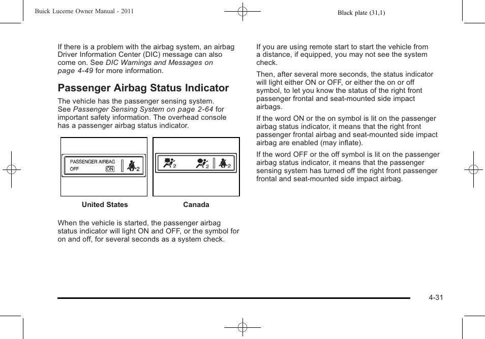 Passenger airbag status indicator, Passenger airbag status indicator -31 | Buick 2011 Lucerne User Manual | Page 187 / 450