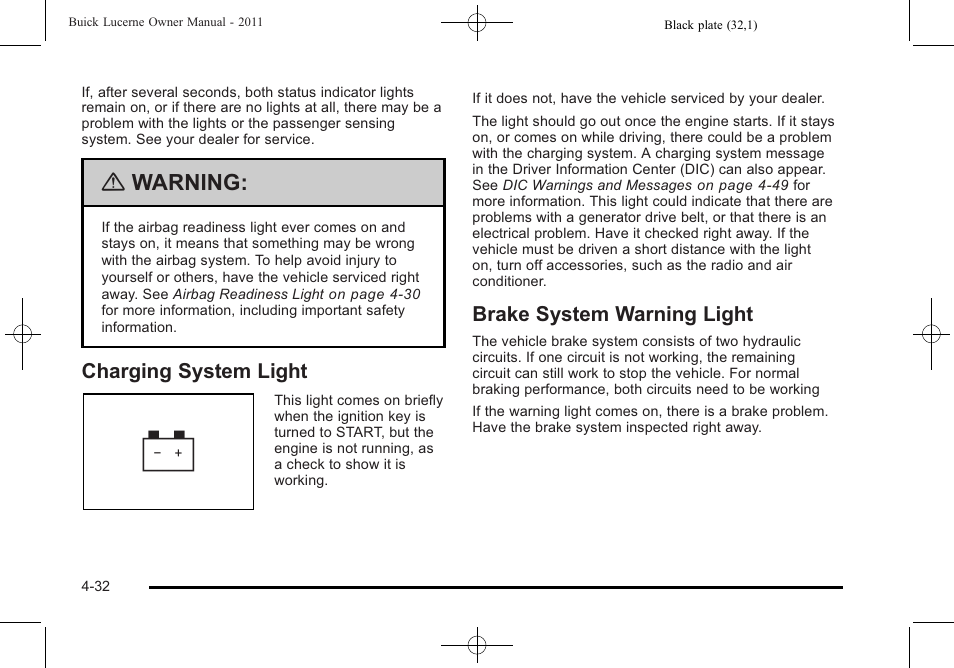 Charging system light, Brake system warning light, Warning | Buick 2011 Lucerne User Manual | Page 188 / 450