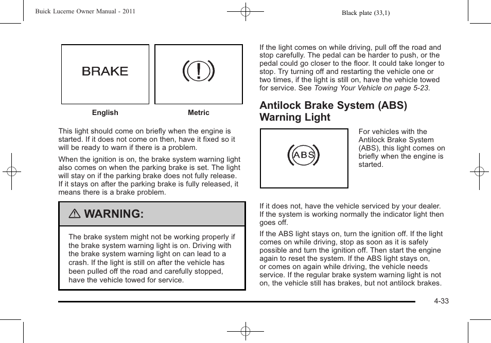 Antilock brake system (abs) warning light, Antilock brake system (abs) warning light -33, Warning | Buick 2011 Lucerne User Manual | Page 189 / 450