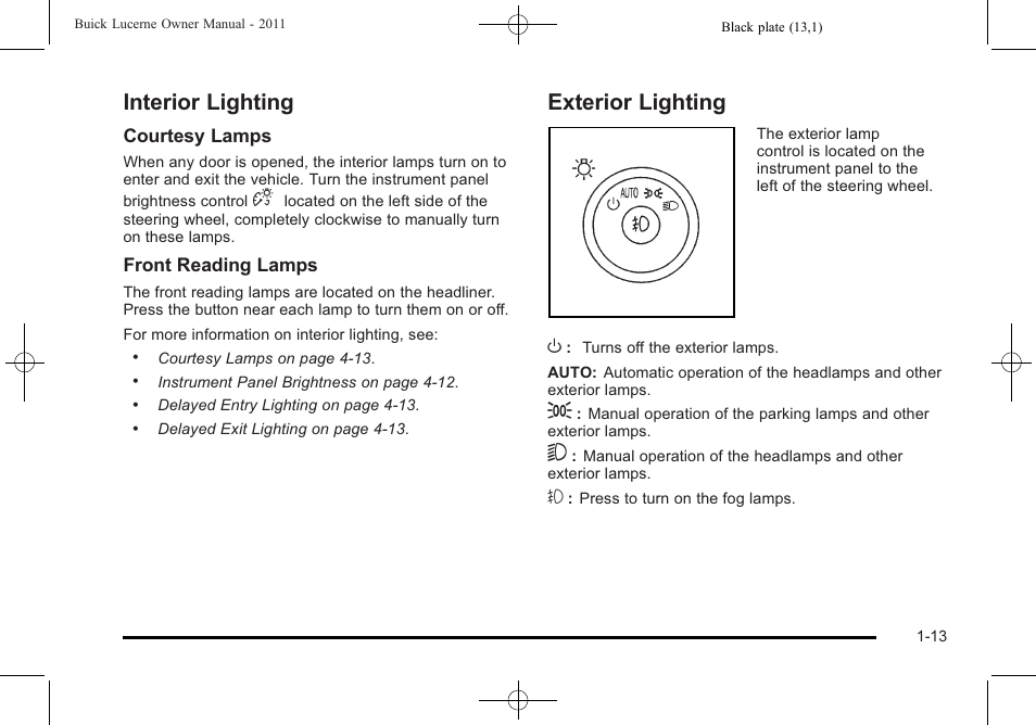Interior lighting, Exterior lighting, Interior lighting -13 exterior lighting -13 | Buick 2011 Lucerne User Manual | Page 19 / 450