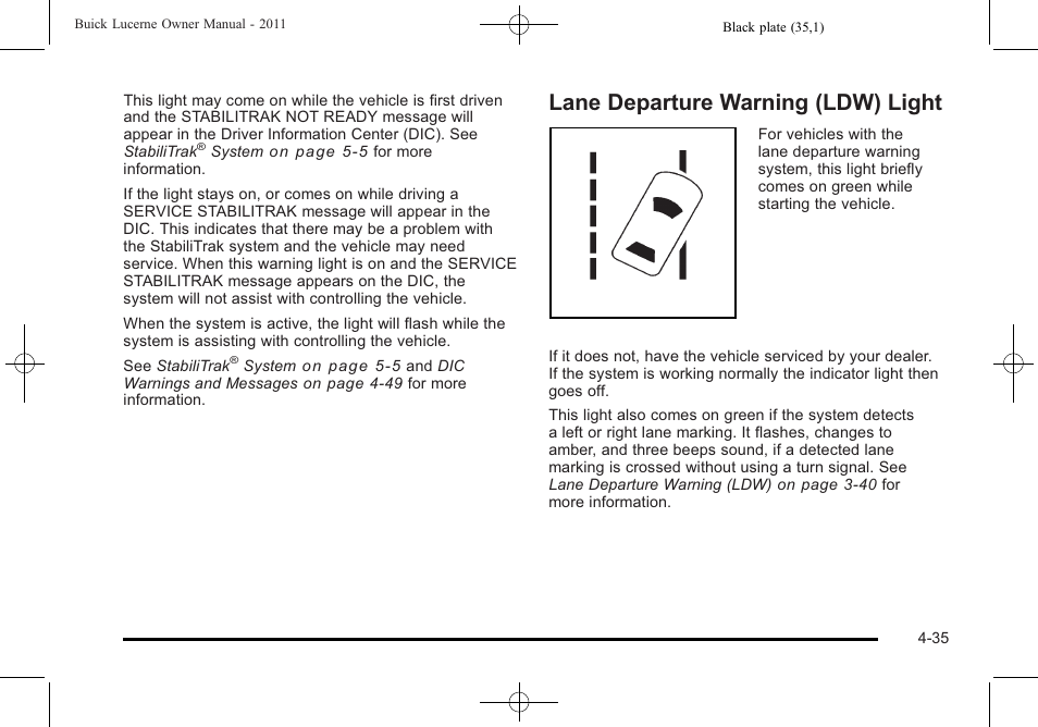 Lane departure warning (ldw) light, Lane departure warning (ldw) light -35 | Buick 2011 Lucerne User Manual | Page 191 / 450