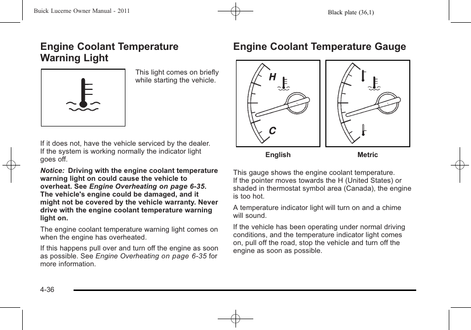 Engine coolant temperature warning light, Engine coolant temperature gauge | Buick 2011 Lucerne User Manual | Page 192 / 450
