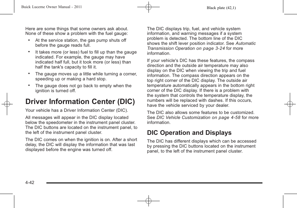 Driver information center (dic), Dic operation and displays, Dic) -42 | Driver information center (dic) -42, Dic operation and displays -42 | Buick 2011 Lucerne User Manual | Page 198 / 450