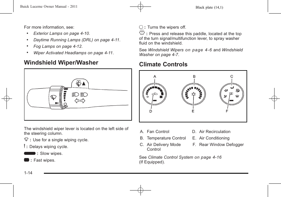 Windshield wiper/washer, Climate controls, Windshield wiper/washer -14 climate controls -14 | Buick 2011 Lucerne User Manual | Page 20 / 450