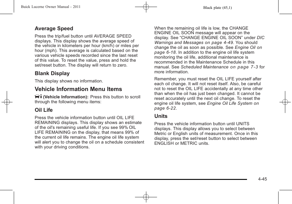 Vehicle information menu items t | Buick 2011 Lucerne User Manual | Page 201 / 450