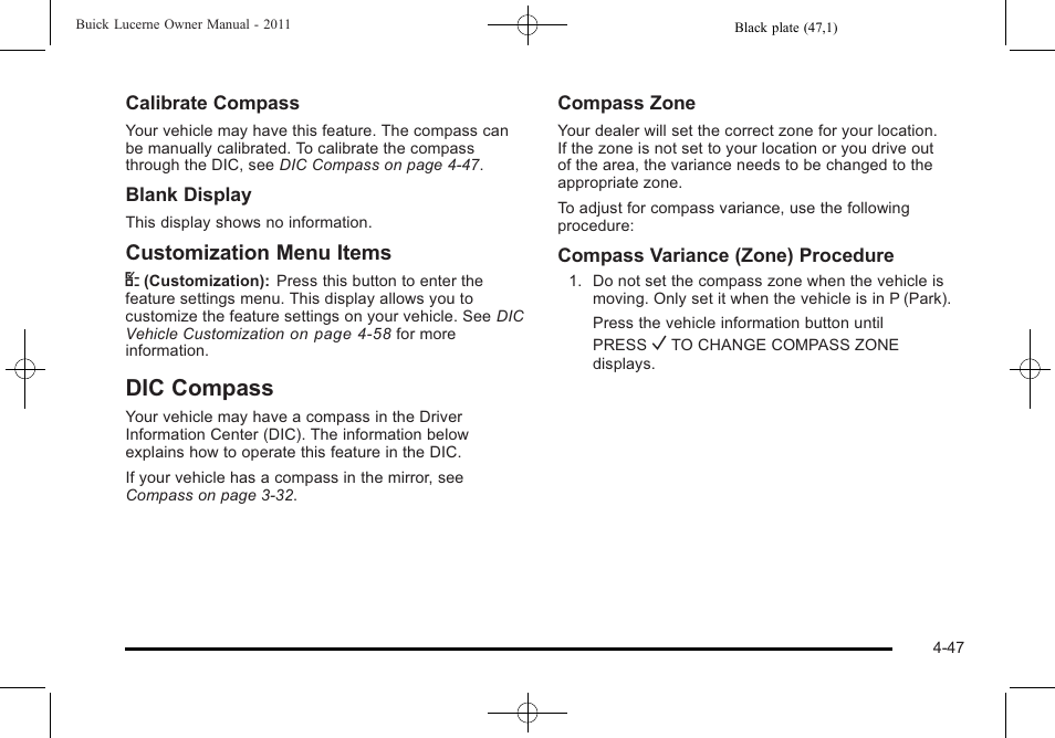 Dic compass, Dic compass -47, Customization menu items u | Buick 2011 Lucerne User Manual | Page 203 / 450