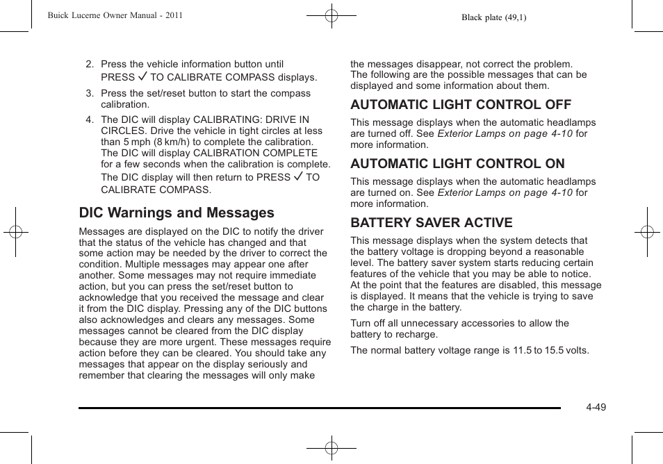 Dic warnings and messages, Dic warnings and messages -49, Automatic light control off | Automatic light control on, Battery saver active | Buick 2011 Lucerne User Manual | Page 205 / 450