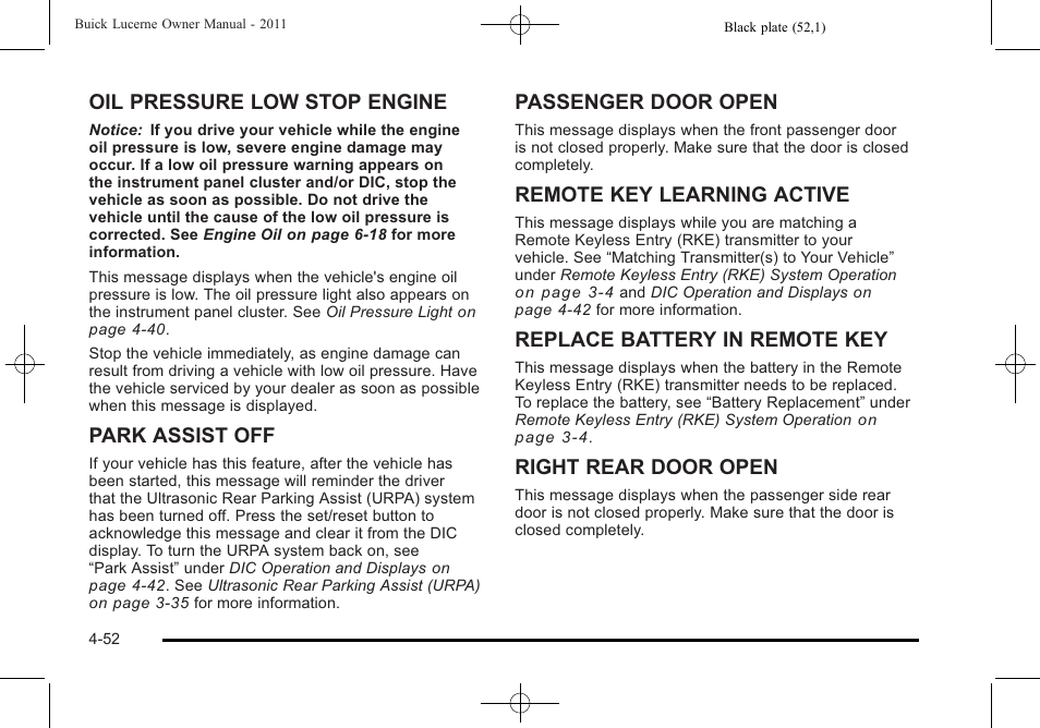 Oil pressure low stop engine, Park assist off, Passenger door open | Remote key learning active, Replace battery in remote key, Right rear door open | Buick 2011 Lucerne User Manual | Page 208 / 450