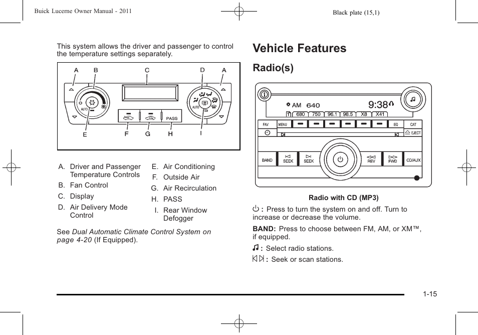 Vehicle features, Radio(s), Vehicle features -15 | Object detection systems, Radio(s) -15 | Buick 2011 Lucerne User Manual | Page 21 / 450