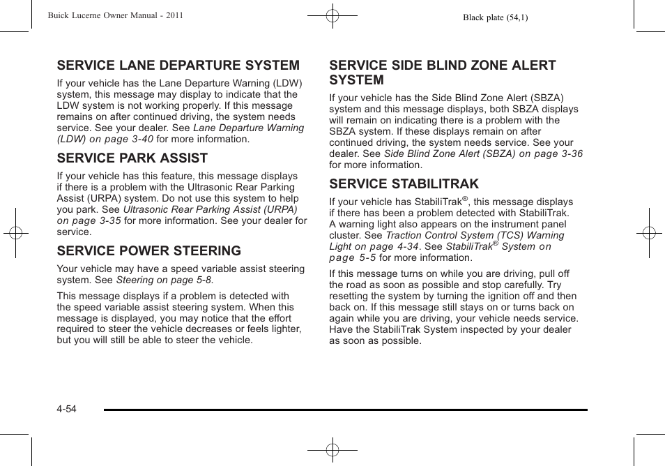 Service lane departure system, Service park assist, Service power steering | Service side blind zone alert system, Service stabilitrak | Buick 2011 Lucerne User Manual | Page 210 / 450