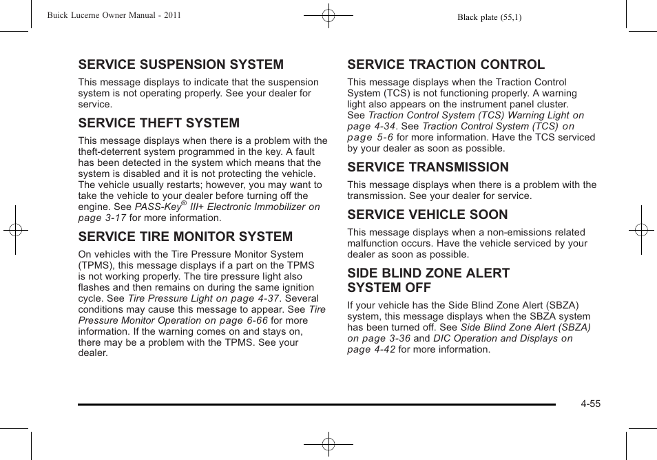 Service suspension system, Service theft system, Service tire monitor system | Service traction control, Service transmission, Service vehicle soon, Side blind zone alert system off | Buick 2011 Lucerne User Manual | Page 211 / 450