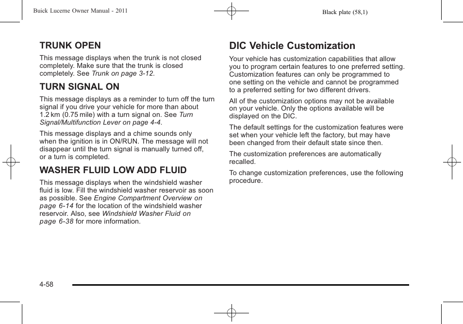 Dic vehicle customization, Dic vehicle customization -58, Trunk open | Turn signal on, Washer fluid low add fluid | Buick 2011 Lucerne User Manual | Page 214 / 450