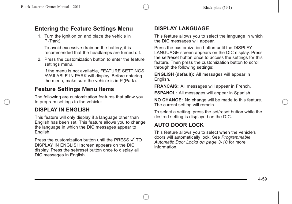 Entering the feature settings menu, Feature settings menu items | Buick 2011 Lucerne User Manual | Page 215 / 450