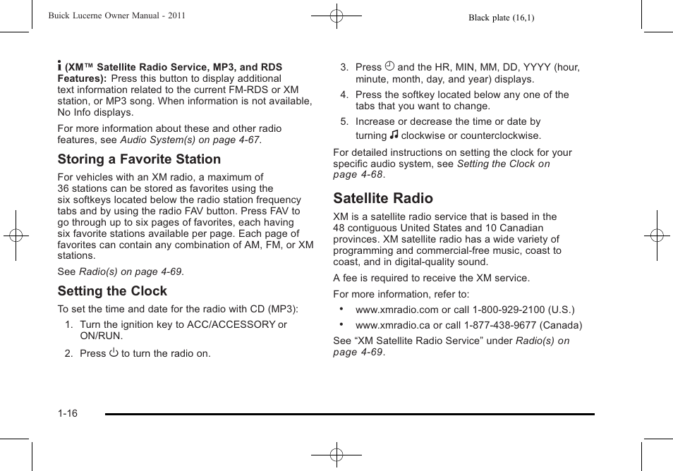 Satellite radio, Satellite radio -16, Storing a favorite station | Setting the clock | Buick 2011 Lucerne User Manual | Page 22 / 450