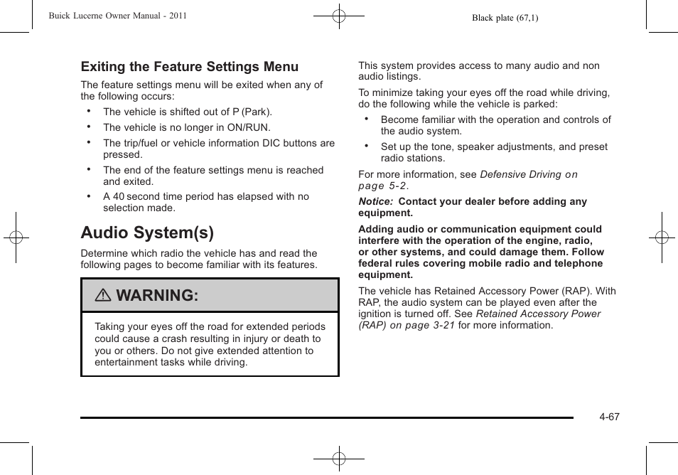 Audio system(s), System(s) -67, Audio system(s) -67 | Warning, Exiting the feature settings menu | Buick 2011 Lucerne User Manual | Page 223 / 450