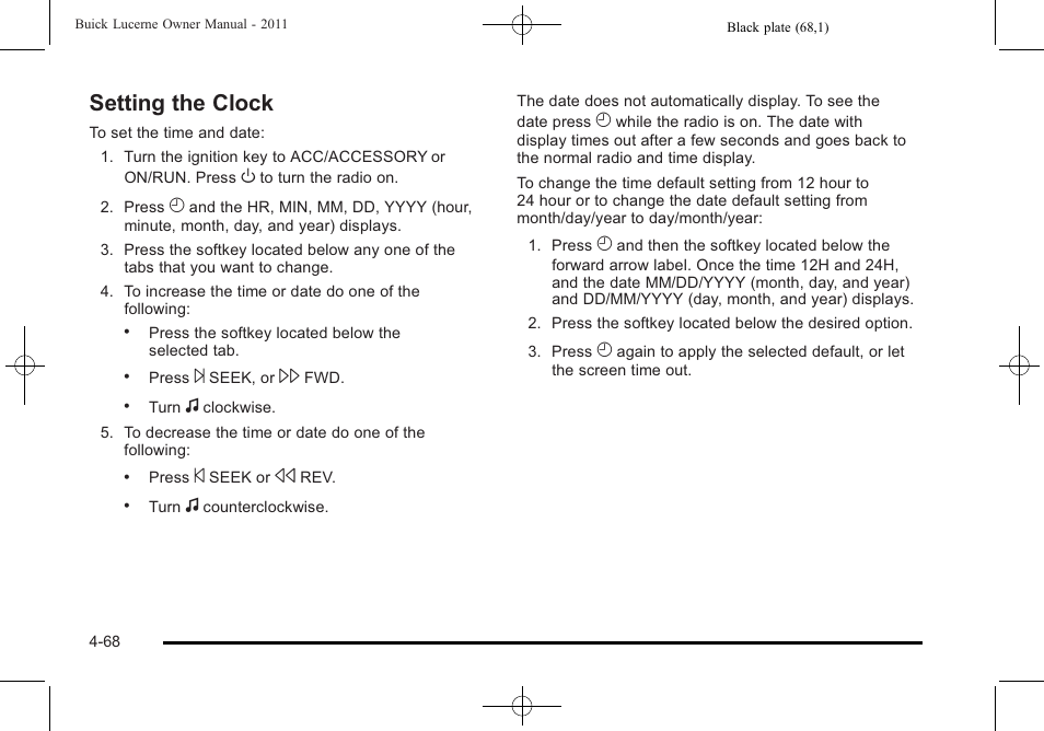 Setting the clock, Setting the clock -68 | Buick 2011 Lucerne User Manual | Page 224 / 450