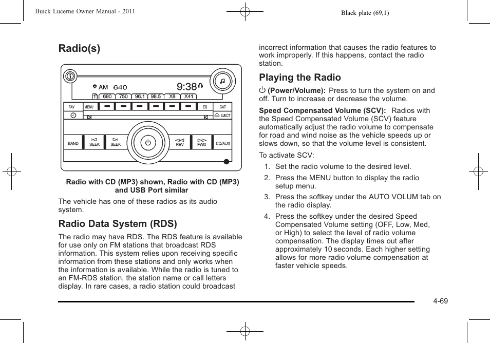 Radio(s), Radio(s) -69, Radio data system (rds) | Playing the radio o | Buick 2011 Lucerne User Manual | Page 225 / 450