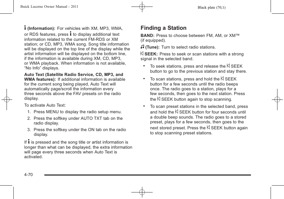 Finding a station | Buick 2011 Lucerne User Manual | Page 226 / 450