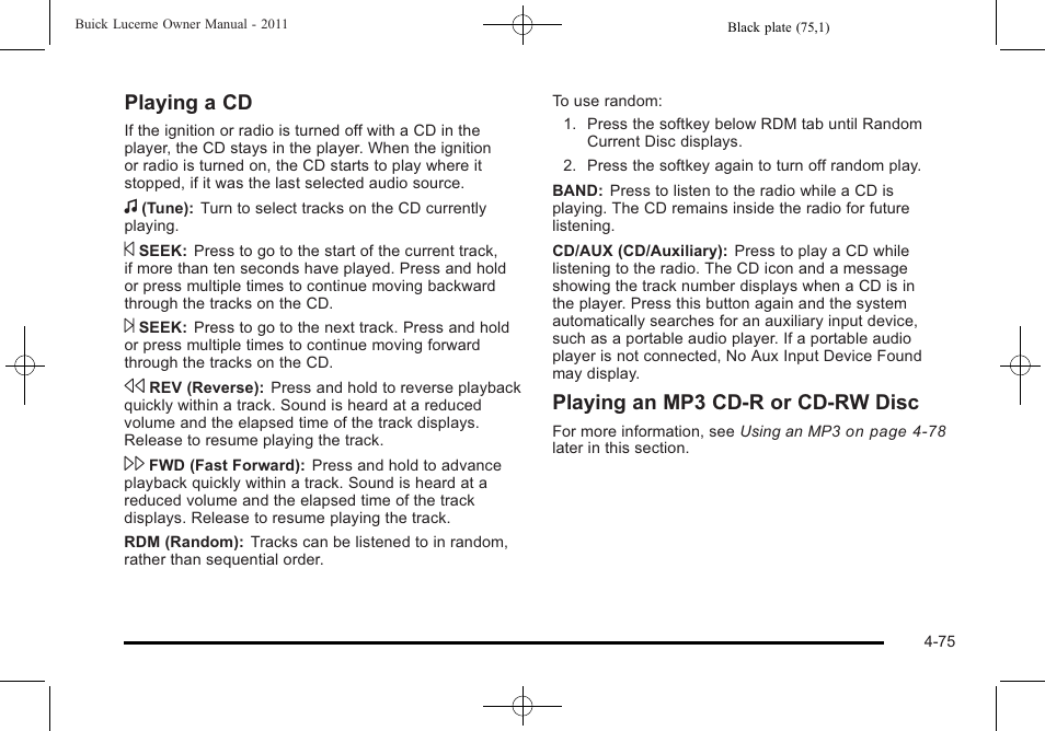 Playing a cd, Playing an mp3 cd-r or cd-rw disc | Buick 2011 Lucerne User Manual | Page 231 / 450