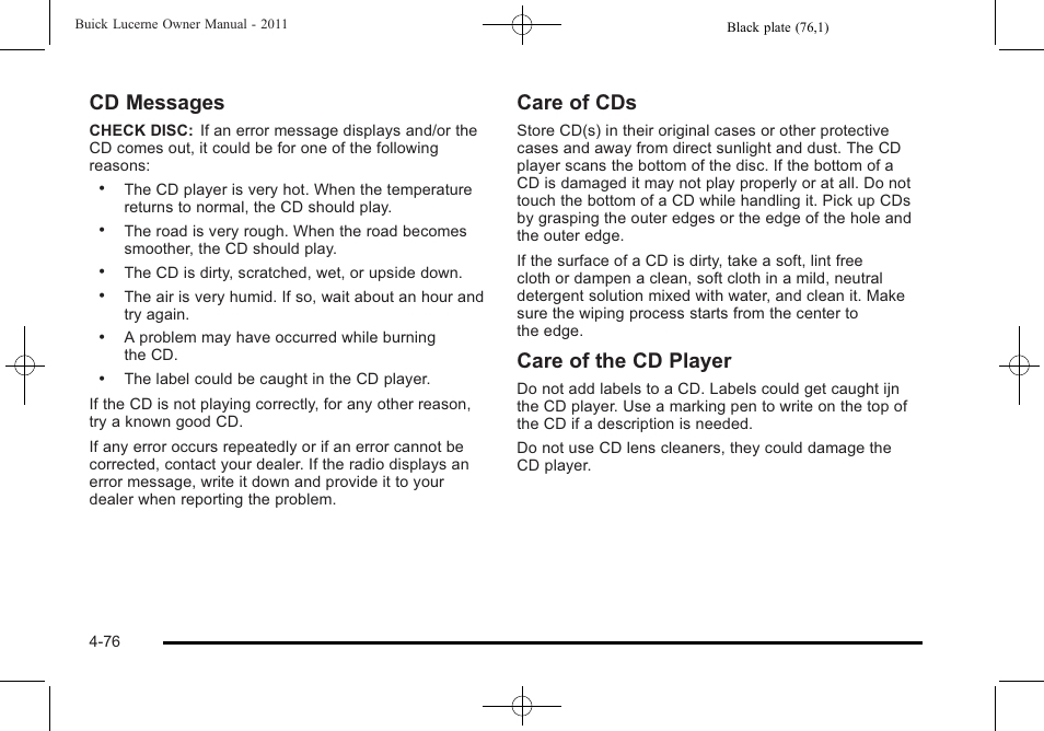 Cd messages, Care of cds, Care of the cd player | Buick 2011 Lucerne User Manual | Page 232 / 450