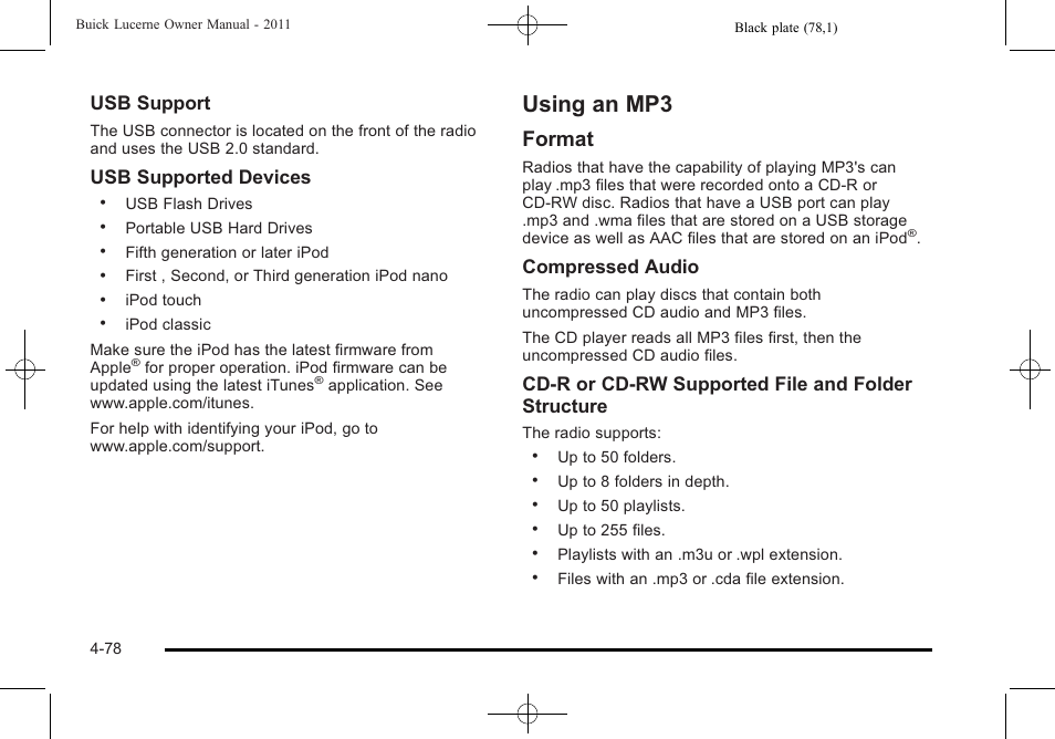 Using an mp3, Using an mp3 -78, Format | Usb support, Usb supported devices, Compressed audio, Cd‐r or cd‐rw supported file and folder structure | Buick 2011 Lucerne User Manual | Page 234 / 450