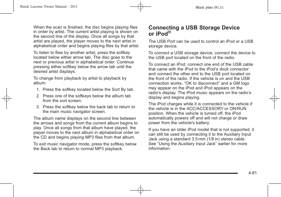 Connecting a usb storage device or ipod | Buick 2011 Lucerne User Manual | Page 237 / 450