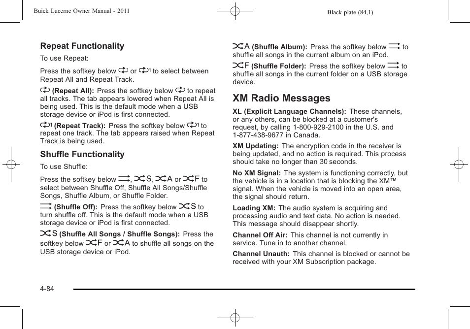 Xm radio messages, Xm radio messages -84 | Buick 2011 Lucerne User Manual | Page 240 / 450