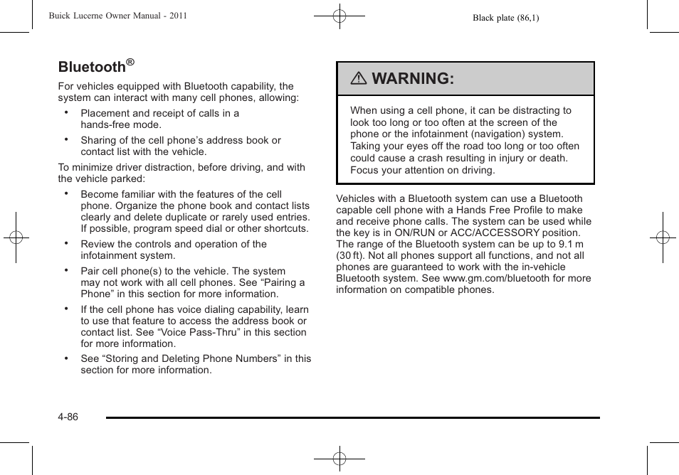 Bluetooth, Warning | Buick 2011 Lucerne User Manual | Page 242 / 450