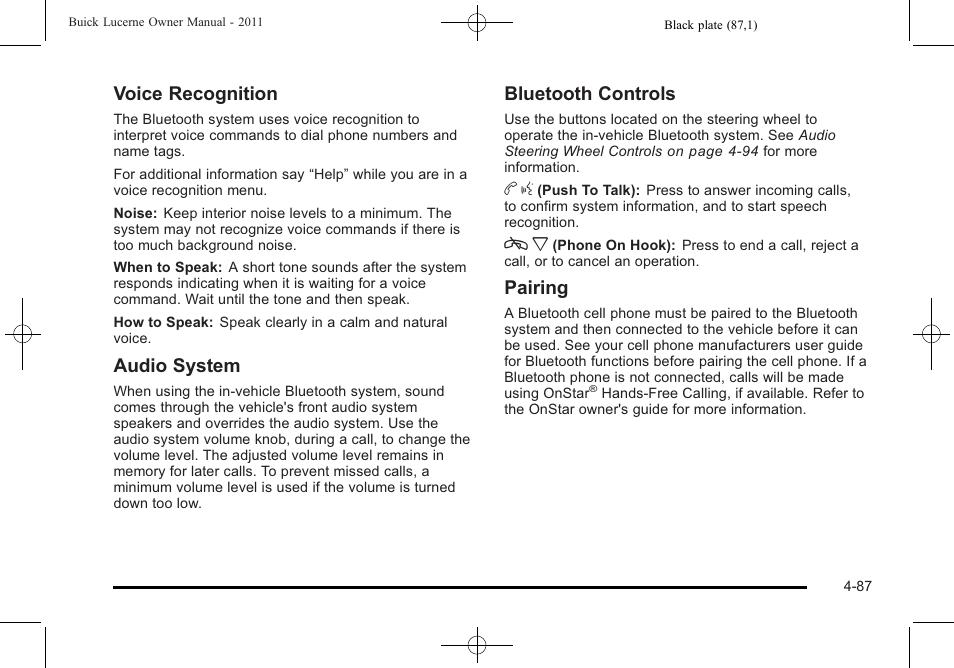 Voice recognition, Audio system, Bluetooth controls | Pairing | Buick 2011 Lucerne User Manual | Page 243 / 450