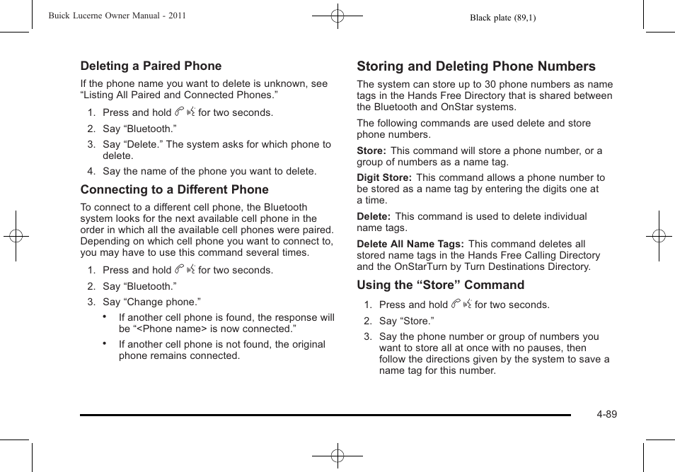 Storing and deleting phone numbers | Buick 2011 Lucerne User Manual | Page 245 / 450