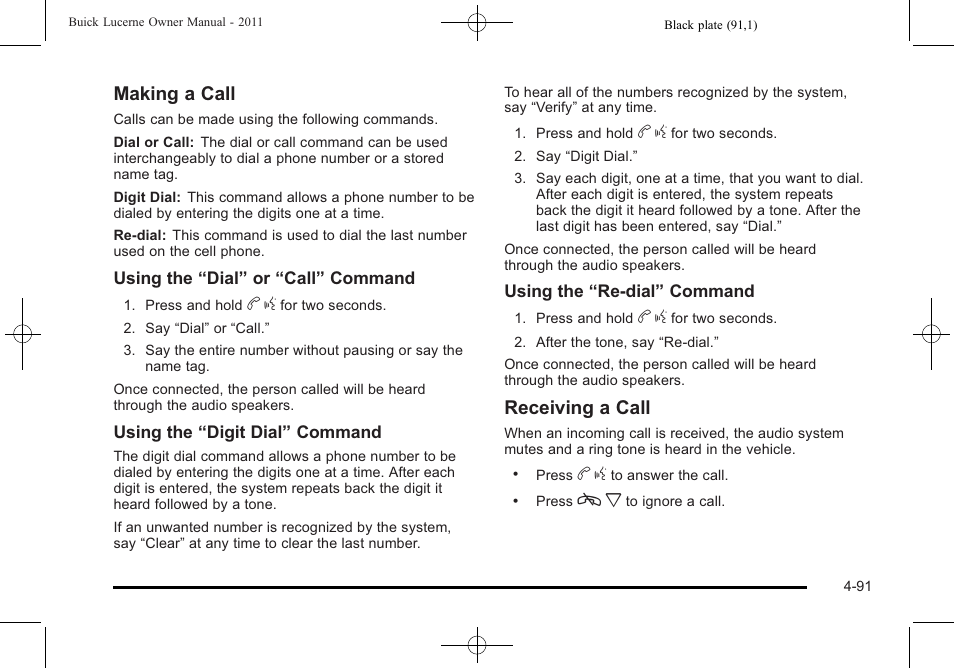 Making a call, Receiving a call | Buick 2011 Lucerne User Manual | Page 247 / 450