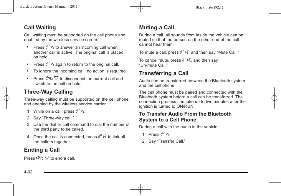 Call waiting, Three‐way calling, Ending a call | Muting a call, Transferring a call | Buick 2011 Lucerne User Manual | Page 248 / 450