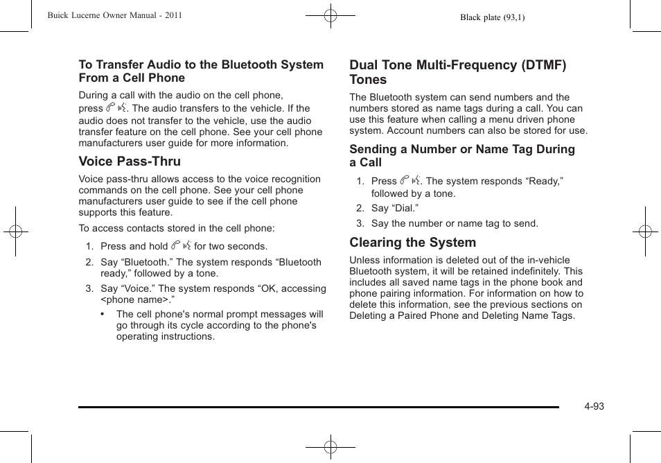 Voice pass-thru, Dual tone multi-frequency (dtmf) tones, Clearing the system | Buick 2011 Lucerne User Manual | Page 249 / 450