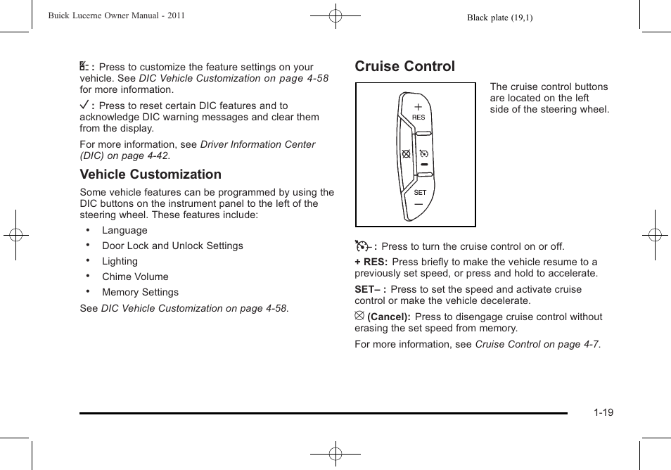 Cruise control, Cruise control -19, Vehicle customization | Buick 2011 Lucerne User Manual | Page 25 / 450