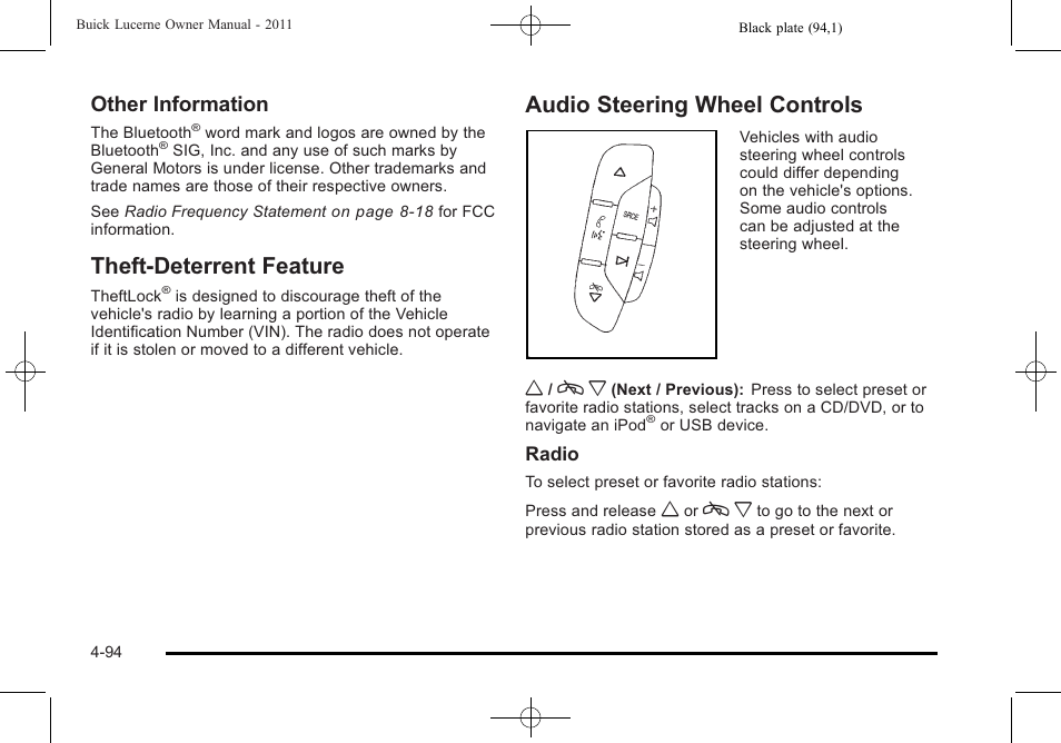 Theft-deterrent feature, Audio steering wheel controls, Other information | Buick 2011 Lucerne User Manual | Page 250 / 450