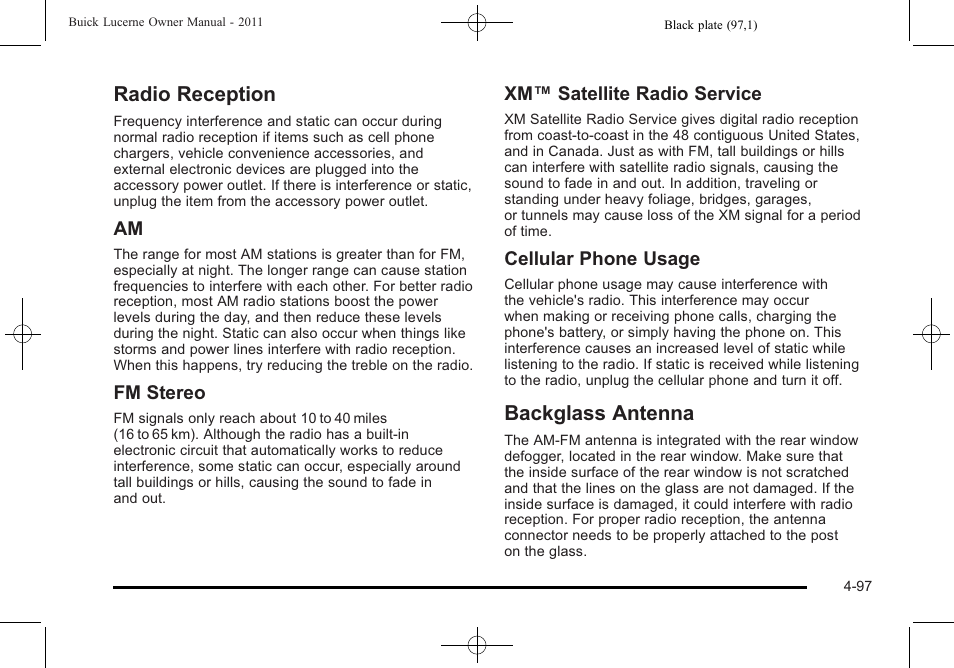 Radio reception, Backglass antenna, Radio reception -97 backglass antenna -97 | Buick 2011 Lucerne User Manual | Page 253 / 450