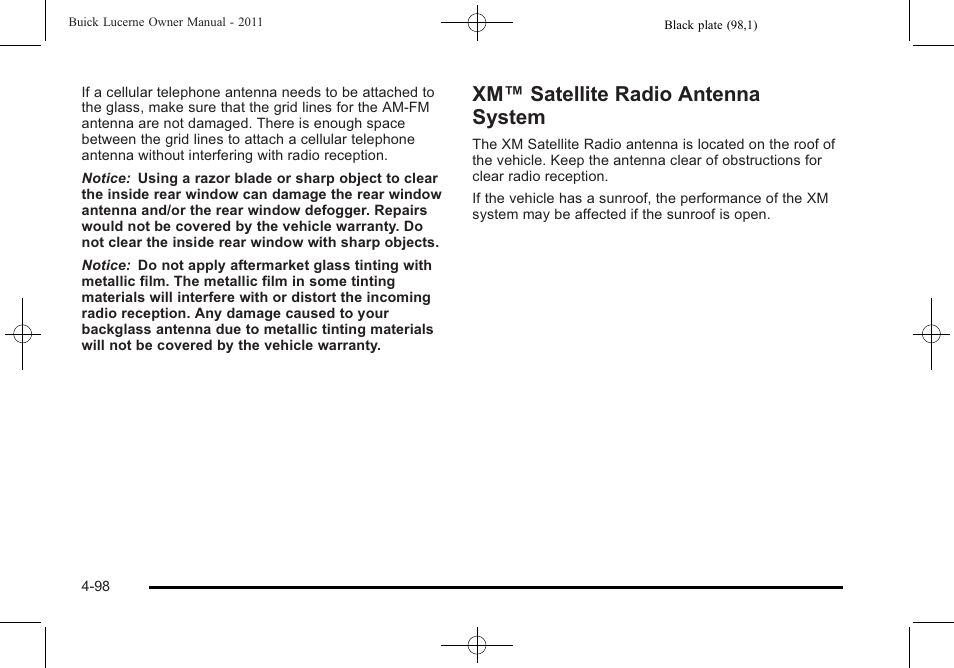 Xm satellite radio antenna system, Xm™ satellite radio antenna system -98, Xm™ satellite radio antenna system | Buick 2011 Lucerne User Manual | Page 254 / 450