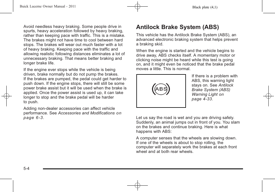 Antilock brake system (abs), Antilock brake system (abs) -4 | Buick 2011 Lucerne User Manual | Page 258 / 450