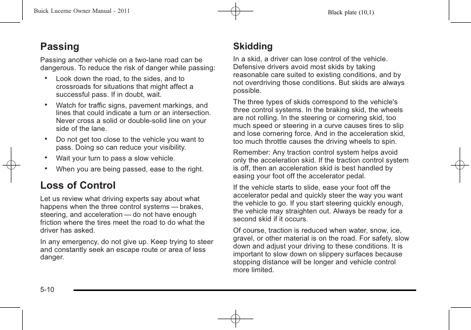 Passing, Loss of control, Passing -10 loss of control -10 | Skidding | Buick 2011 Lucerne User Manual | Page 264 / 450