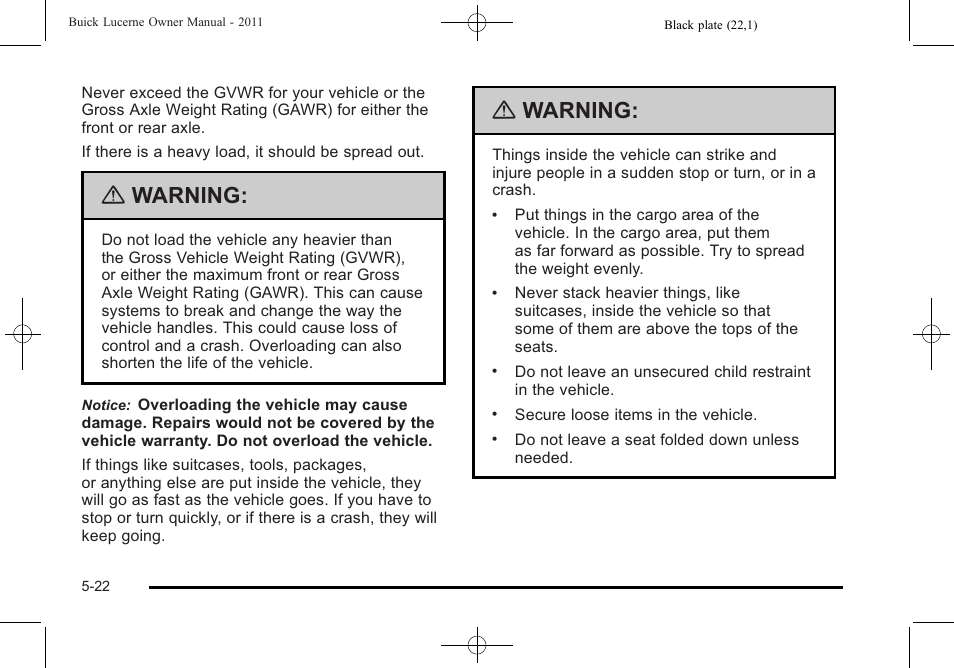Warning | Buick 2011 Lucerne User Manual | Page 276 / 450