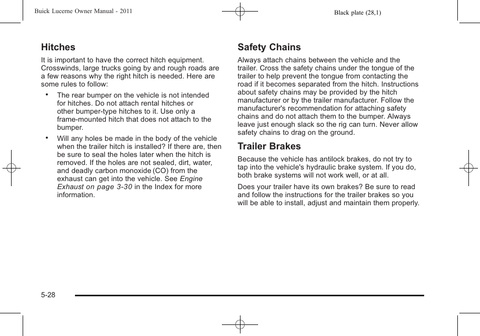 Hitches, Safety chains, Trailer brakes | Buick 2011 Lucerne User Manual | Page 282 / 450