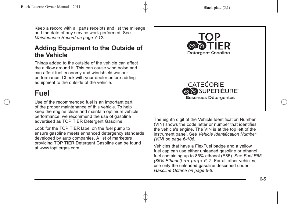 Adding equipment to the outside of the vehicle, Fuel, Fuel -5 | Adding equipment to the outside of the, Vehicle -5 | Buick 2011 Lucerne User Manual | Page 291 / 450