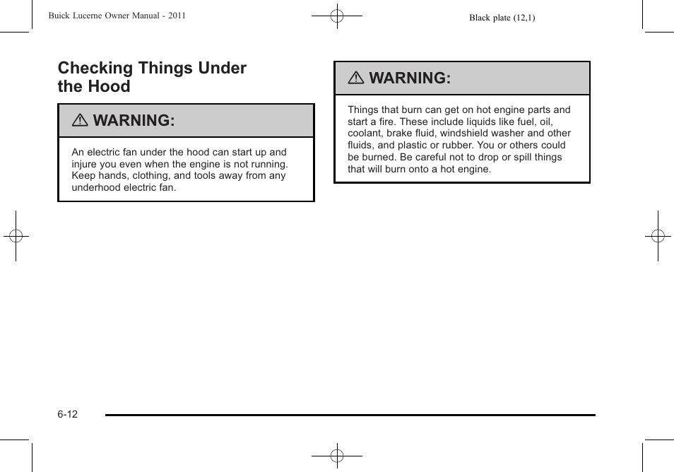 Checking things under the hood, Checking things under the hood -12, Customer assistance information -1 | Warning | Buick 2011 Lucerne User Manual | Page 298 / 450