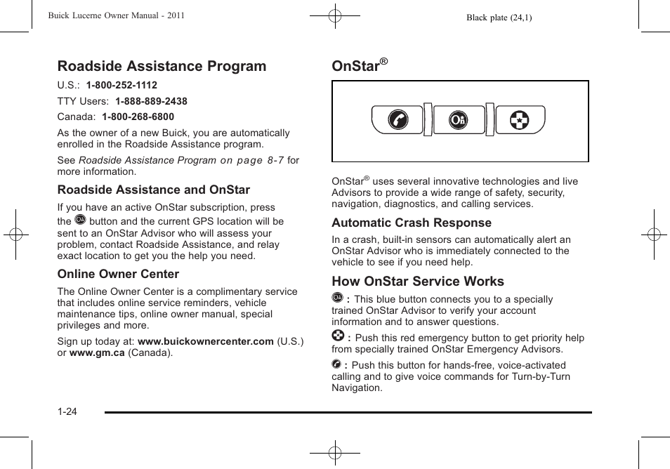 Roadside assistance program, Onstar, Roadside assistance program -24 onstar | How onstar service works q | Buick 2011 Lucerne User Manual | Page 30 / 450