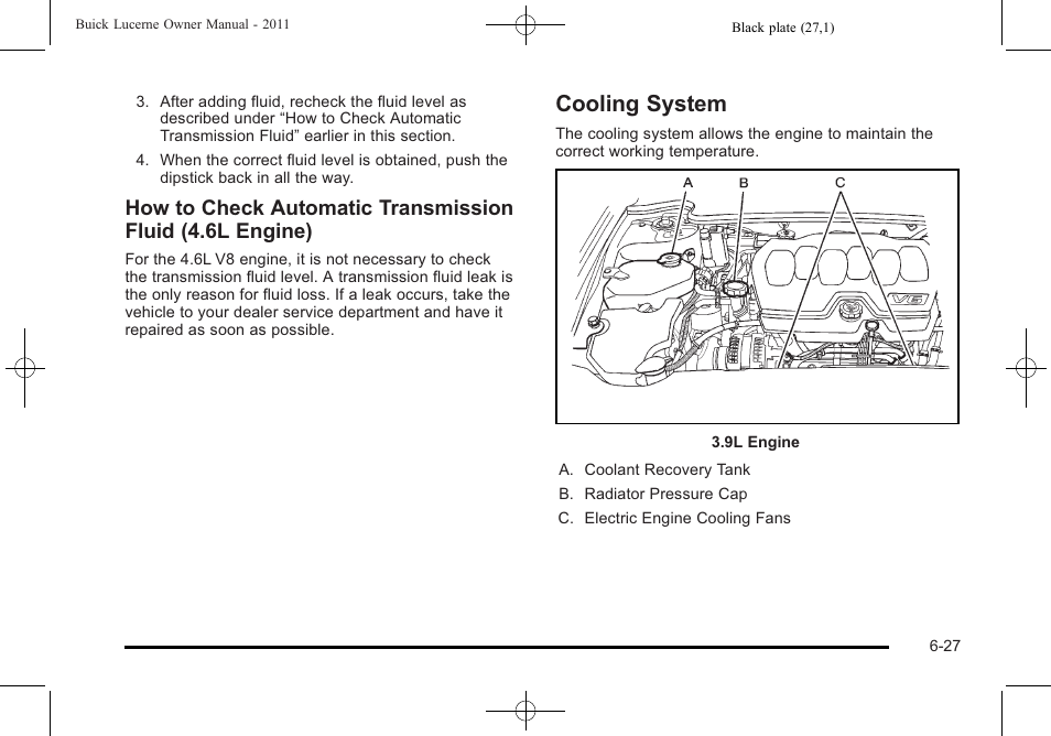 Cooling system, Cooling system -27, Cooling | Cooling system on | Buick 2011 Lucerne User Manual | Page 313 / 450