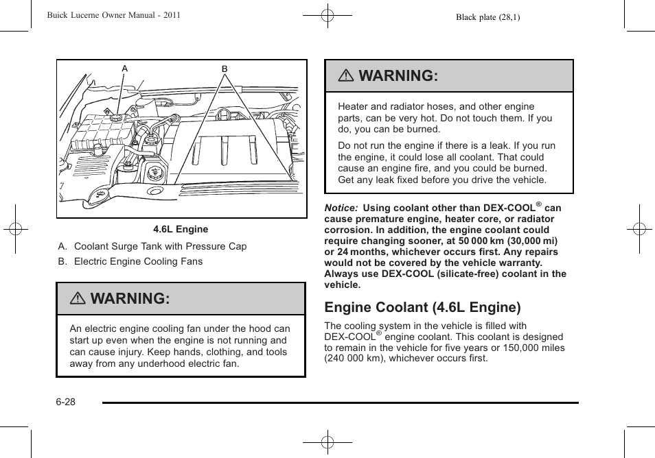 Engine coolant (4.6l engine), Engine coolant (4.6l engine) -28, Warning | Buick 2011 Lucerne User Manual | Page 314 / 450