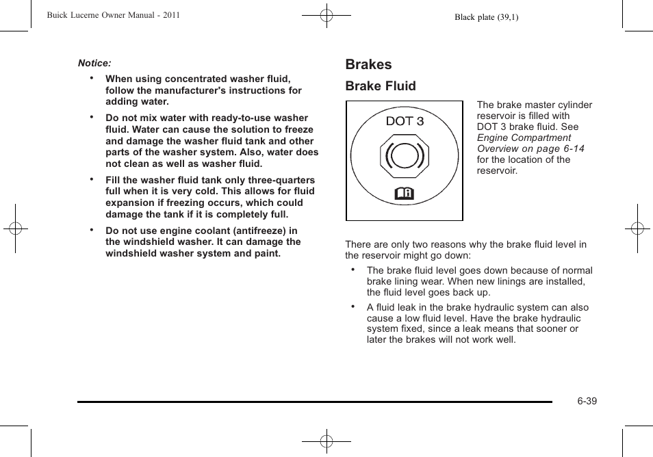 Brakes, Brakes -39, Brake fluid | Buick 2011 Lucerne User Manual | Page 325 / 450