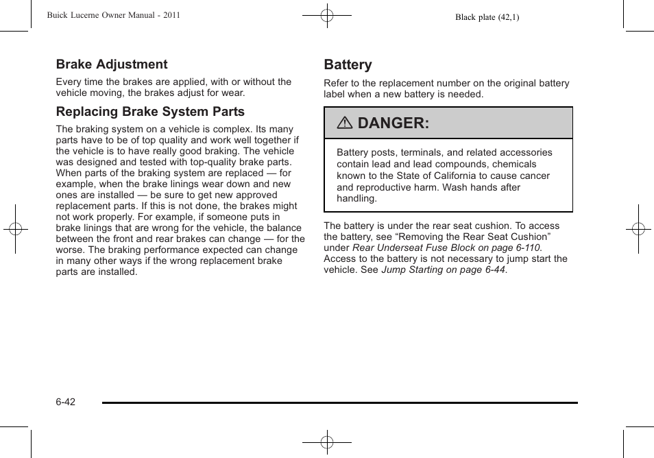 Battery, Battery -42, Danger | Buick 2011 Lucerne User Manual | Page 328 / 450